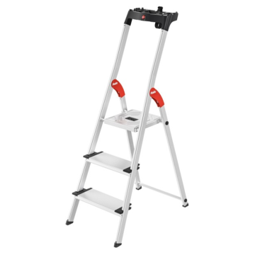 Einseitig begehbare 3-stufige Profi-Aluminium-Stufenstehleiter mit Ablageschale.