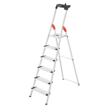 Einseitig begehbare 6-stufige Profi-Aluminium-Stufenstehleiter mit Ablageschale.