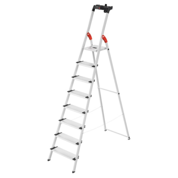 Einseitig begehbare 8-stufige Profi-Aluminium-Stufenstehleiter mit Ablageschale.