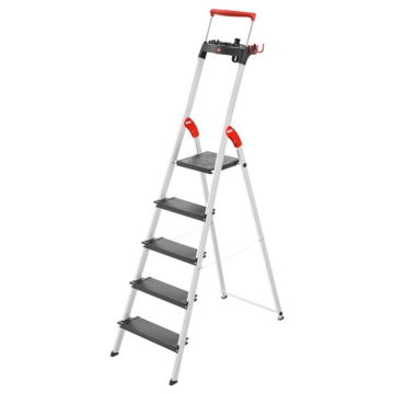 Einseitig begehbare 5-stufige Profi-Aluminium-Stufenstehleiter mit Ablageschale und Sicherheitsbügel.