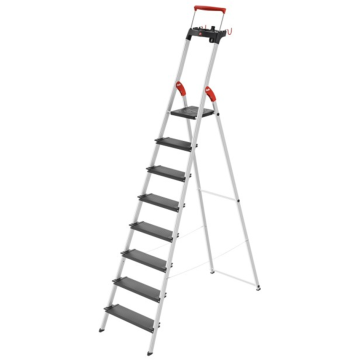 Einseitig begehbare 8-stufige Profi-Aluminium-Stufenstehleiter mit Ablageschale und Sicherheitsbügel.