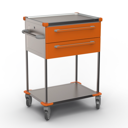 Moderný zdravotnícky vozík s oranžovými zásuvkami a kolieskami na jednoduchý presun zdravotníckeho materiálu v nemocnici
