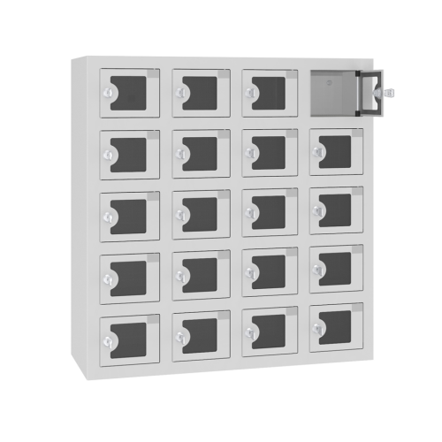 Biela kovová úschovňa s dvadsiatimi priehradkami, priesvitnými dvierkami a USB zásuvkami, určená na bezpečné uloženie elektroniky v kanceláriách.
