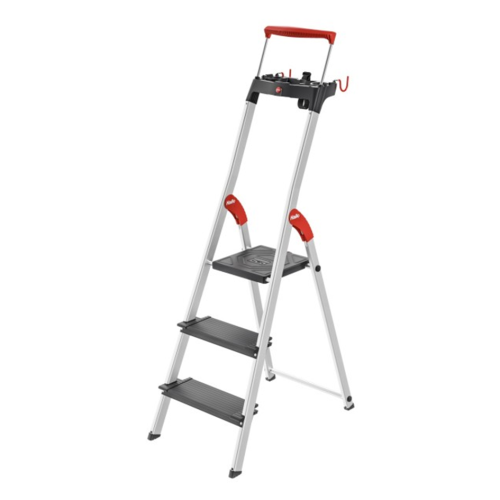 Einseitig begehbare 3-stufige Profi-Aluminium-Stufenstehleiter mit Ablageschale und Sicherheitsbügel.