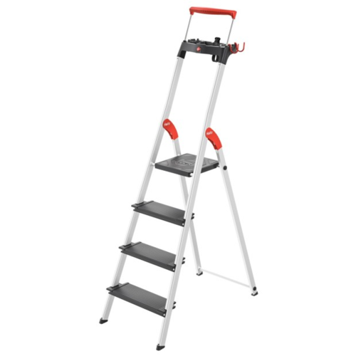 Einseitig begehbare 4-stufige Profi-Aluminium-Stufenstehleiter mit Ablageschale und Sicherheitsbügel.
