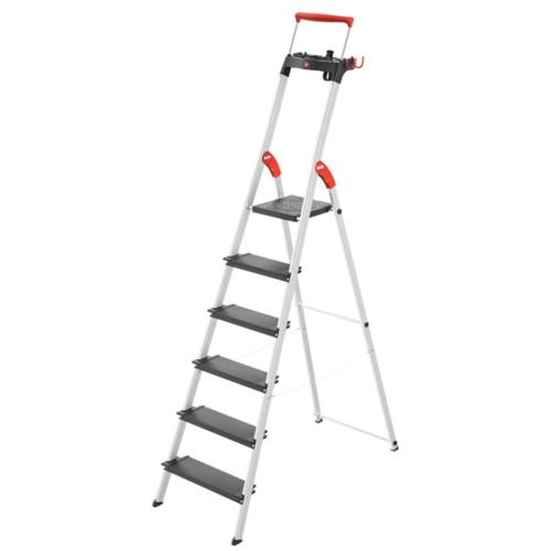 Einseitig begehbare 6-stufige Profi-Aluminium-Stufenstehleiter mit Ablageschale und Sicherheitsbügel