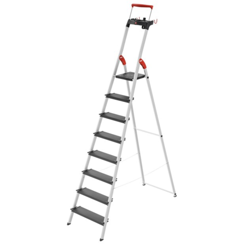 Einseitig begehbare 8-stufige Profi-Aluminium-Stufenstehleiter mit Ablageschale und Sicherheitsbügel.